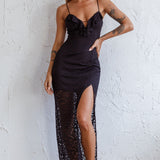 Evaleigh Frill Trim Lace Midi Dress Black