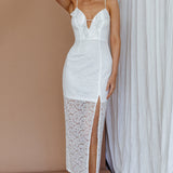 Evaleigh Frill Trim Lace Midi Dress White