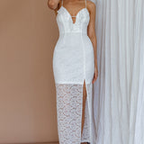 Evaleigh Frill Trim Lace Midi Dress White
