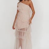 Arrabel Tiered Ruffle Tulle Maxi Dress Blush