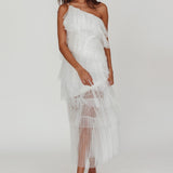 Arrabel Tiered Ruffle Tulle Maxi Dress White