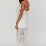 Arrabel Tiered Ruffle Tulle Maxi Dress White