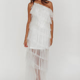 Arrabel Tiered Ruffle Tulle Maxi Dress White