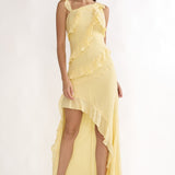 Arrabel Asymmetric Hem Ruffle Maxi Dress Lemon