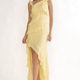 Arrabel Asymmetric Hem Ruffle Maxi Dress Lemon
