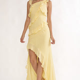 Arrabel Asymmetric Hem Ruffle Maxi Dress Lemon