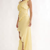 Arrabel Asymmetric Hem Ruffle Maxi Dress Lemon