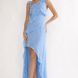 Arrabel Asymmetric Hem Ruffle Maxi Dress Pale Blue