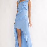 Arrabel Asymmetric Hem Ruffle Maxi Dress Pale Blue