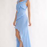 Arrabel Asymmetric Hem Ruffle Maxi Dress Pale Blue