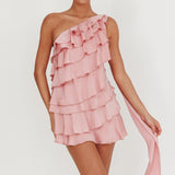 Arrabel Tiered Ruffle One Shoulder Mini Dress Pink