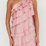 Arrabel Tiered Ruffle One Shoulder Mini Dress Pink