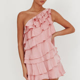 Arrabel Tiered Ruffle One Shoulder Mini Dress Pink