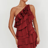 Arrabel Tiered Ruffle One Shoulder Mini Dress Wine