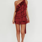 Arrabel Tiered Ruffle One Shoulder Mini Dress Wine