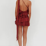 Arrabel Tiered Ruffle One Shoulder Mini Dress Wine