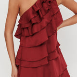 Arrabel Tiered Ruffle One Shoulder Mini Dress Wine