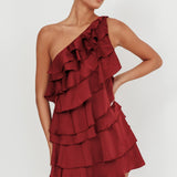 Arrabel Tiered Ruffle One Shoulder Mini Dress Wine