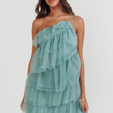 Arrabel Tiered Ruffle Mesh Mini Dress Sage