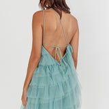 Arrabel Tiered Ruffle Mesh Mini Dress Sage