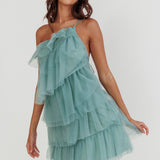 Arrabel Tiered Ruffle Mesh Mini Dress Sage