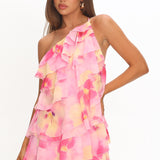 Arrabel Ruffle Trim One-Shoulder Mini Dress Floral Pink