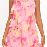 Arrabel Ruffle Trim One-Shoulder Mini Dress Floral Pink