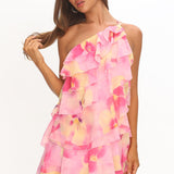 Arrabel Ruffle Trim One-Shoulder Mini Dress Floral Pink
