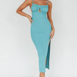 Jelina Gathered Bust Knit Midi Dress Teal