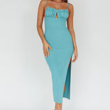 Jelina Gathered Bust Knit Midi Dress Teal