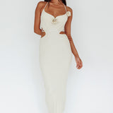 Rue Rose Accent Ribbed Knit Midi Dress Beige