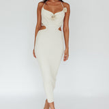 Rue Rose Accent Ribbed Knit Midi Dress Beige