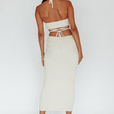Rue Rose Accent Ribbed Knit Midi Dress Beige