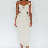 Rue Rose Accent Ribbed Knit Midi Dress Beige