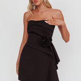 Sasha Cascade Ruffle Rosette Mini Dress Black