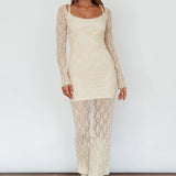 Happy Place Long Sleeve Crochet Midi Dress Beige