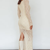 Happy Place Long Sleeve Crochet Midi Dress Beige