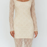 Happy Place Long Sleeve Crochet Midi Dress Beige
