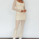 Happy Place Long Sleeve Crochet Midi Dress Beige