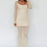 Happy Place Long Sleeve Crochet Midi Dress Beige