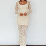 Happy Place Long Sleeve Crochet Midi Dress Beige