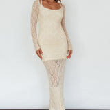 Happy Place Long Sleeve Crochet Midi Dress Beige