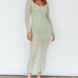 Happy Place Long Sleeve Crochet Midi Dress Sage