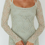 Happy Place Long Sleeve Crochet Midi Dress Sage