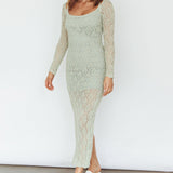 Happy Place Long Sleeve Crochet Midi Dress Sage