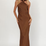 Italia Azure Crossover Halterneck Maxi Dress Chocolate