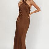 Italia Azure Crossover Halterneck Maxi Dress Chocolate