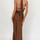Italia Azure Crossover Halterneck Maxi Dress Chocolate