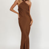 Italia Azure Crossover Halterneck Maxi Dress Chocolate