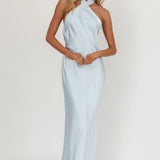 Italia Azure Crossover Halterneck Maxi Dress Ice Blue